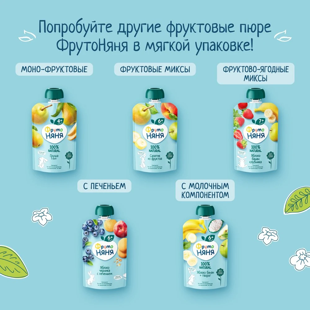 ФрутоНяня, Пюре из яблок, малины с творогом с 6 месяцев, 90 гр
