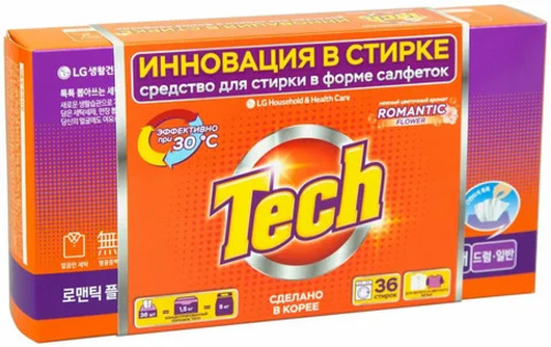 Tech LG, Средство для Стирки Белья в Листах, Laundry Sheet Romantic Flower 36 шт