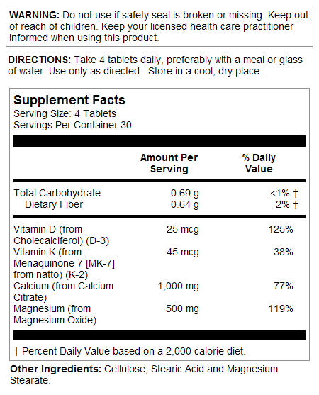 KAL, Ultra Cal-Citrate+ Кальций, Магний, D3+K2, 120 таблеток