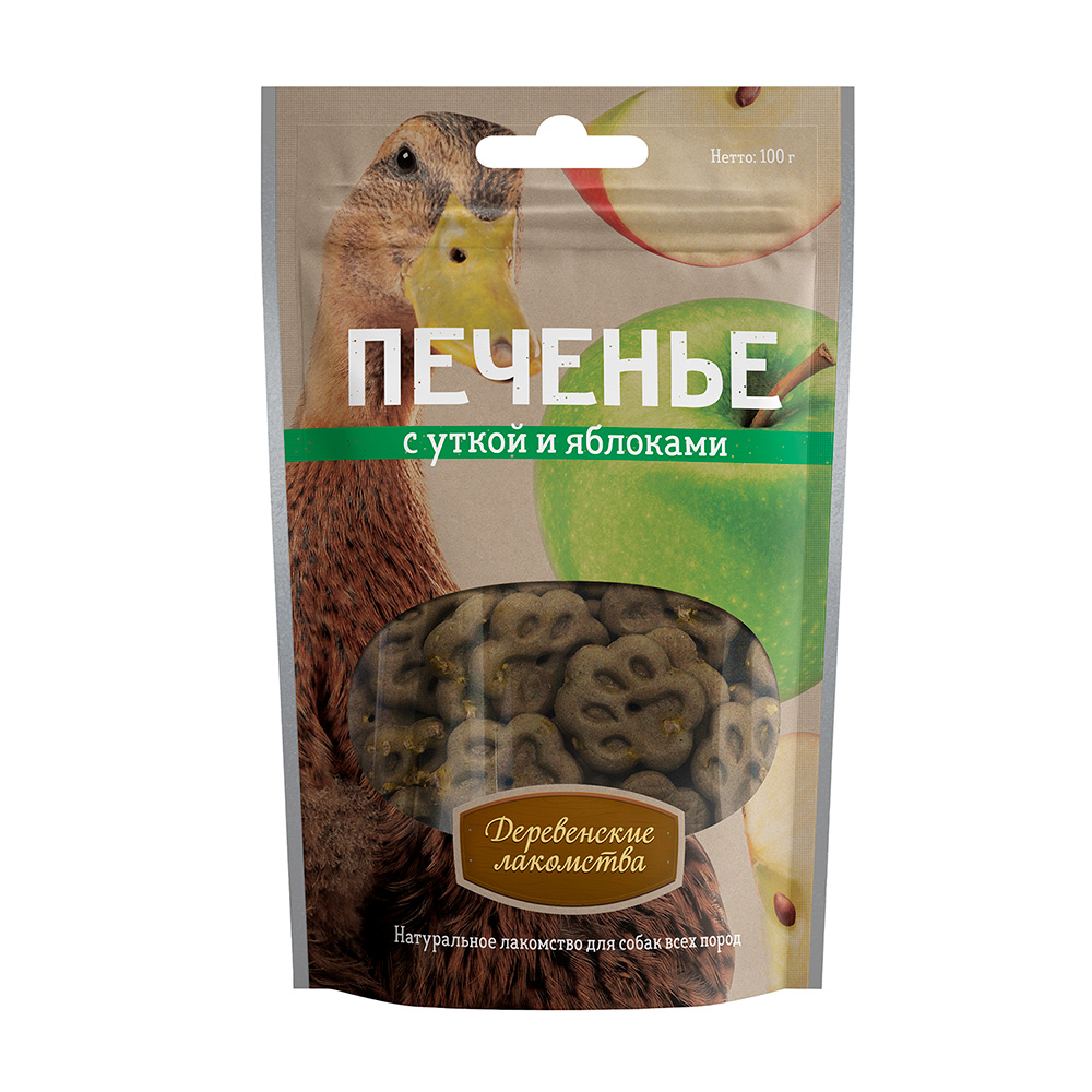 Деревенские лакомства, Печенье с уткой и яблоками для собак 100 гр 