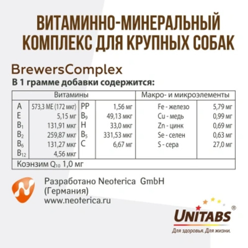 Unitabs, Витамино-Минеральный комплекс BreversComplex с Q10 и Пивными дрожжами для круп. собак 100шт