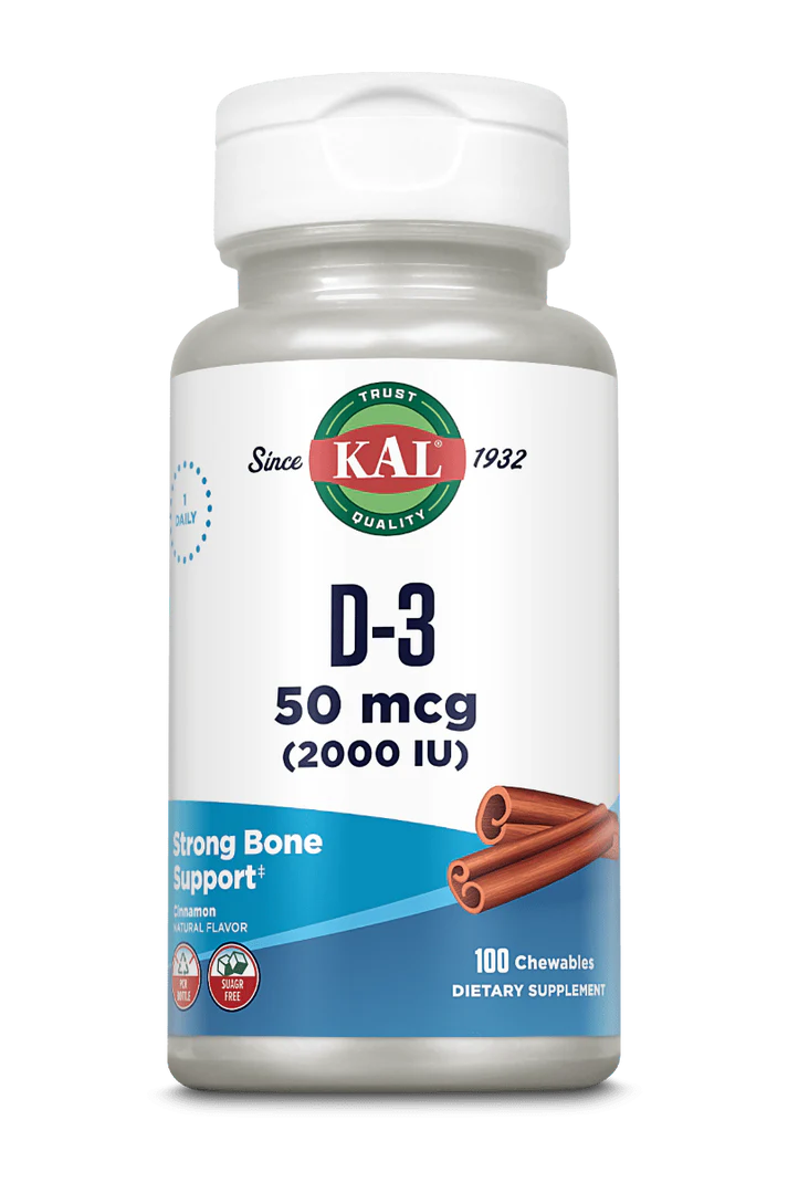 KAL, D-3 2000 ЕД, Без Сахара со Вкусом Корицы, 100 жевательных таблеток 