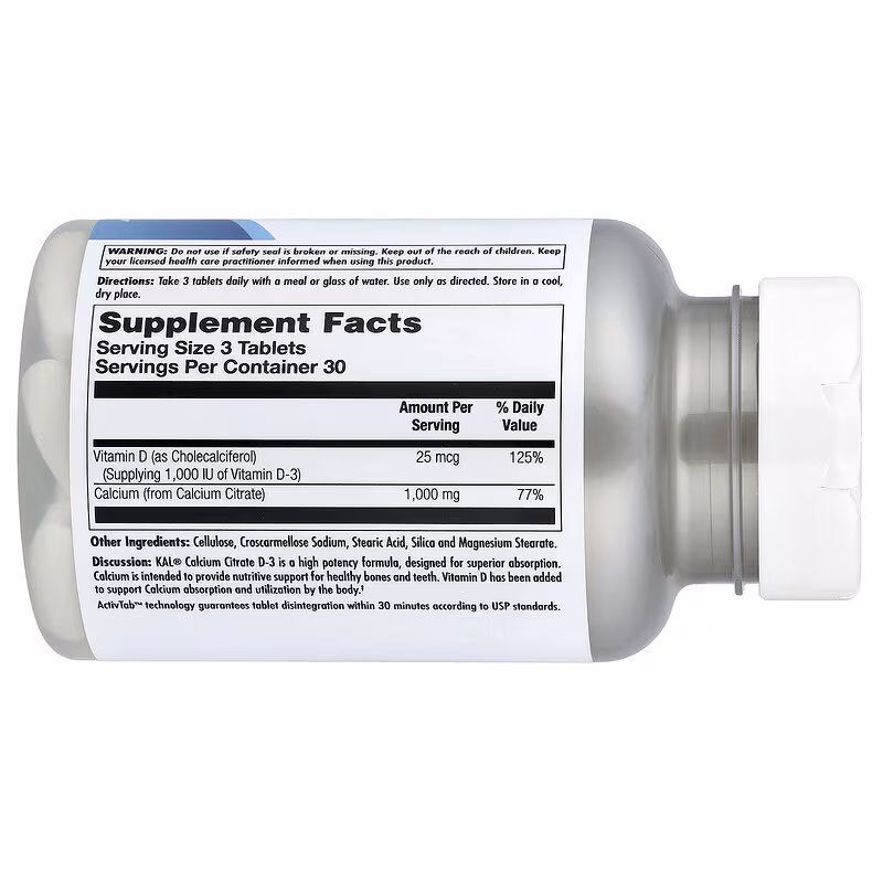 KAL, Calcium Citrate + D-3, Цитрат Кальция, 1000 мг + D-3, 25 мкг, 90 таблеток
