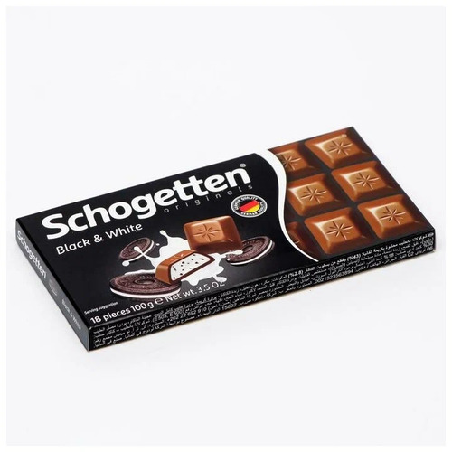 Schogetten Black&White, Молочный шоколад с начинкой и кусочками печенья с какао 100 г.