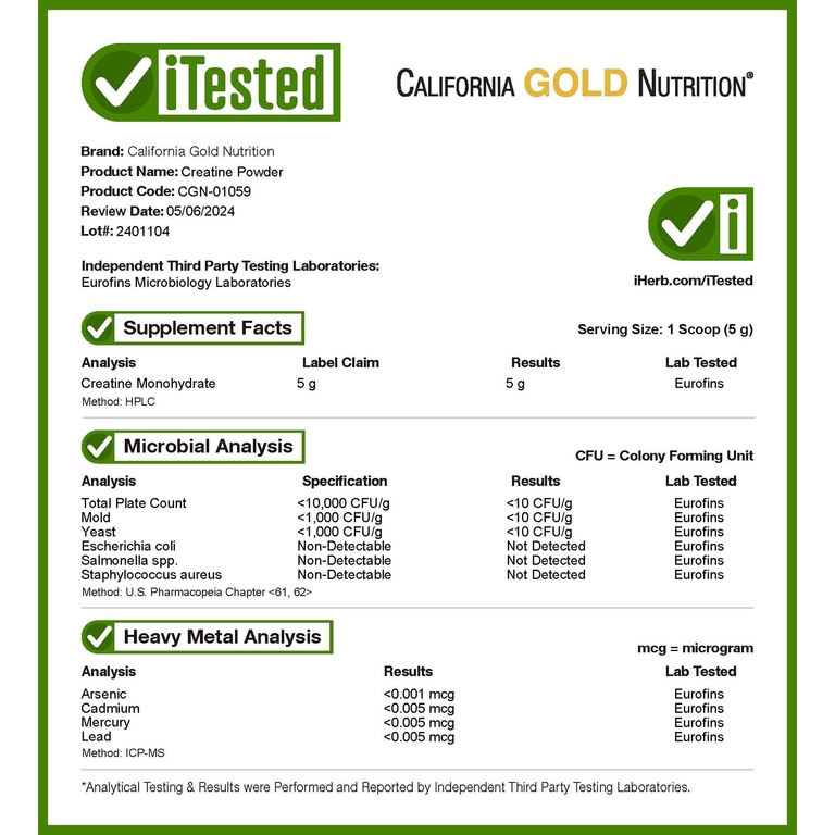 California Gold Nutrition Моногидрат креатина, без добавок Sport 454 г