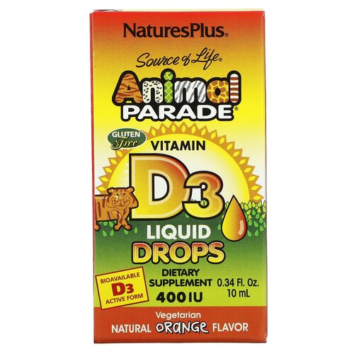 Nature's Plus, Source of Life, Animal Parade, витамин D3, вкус апельсина, 400 МЕ, 10 мл