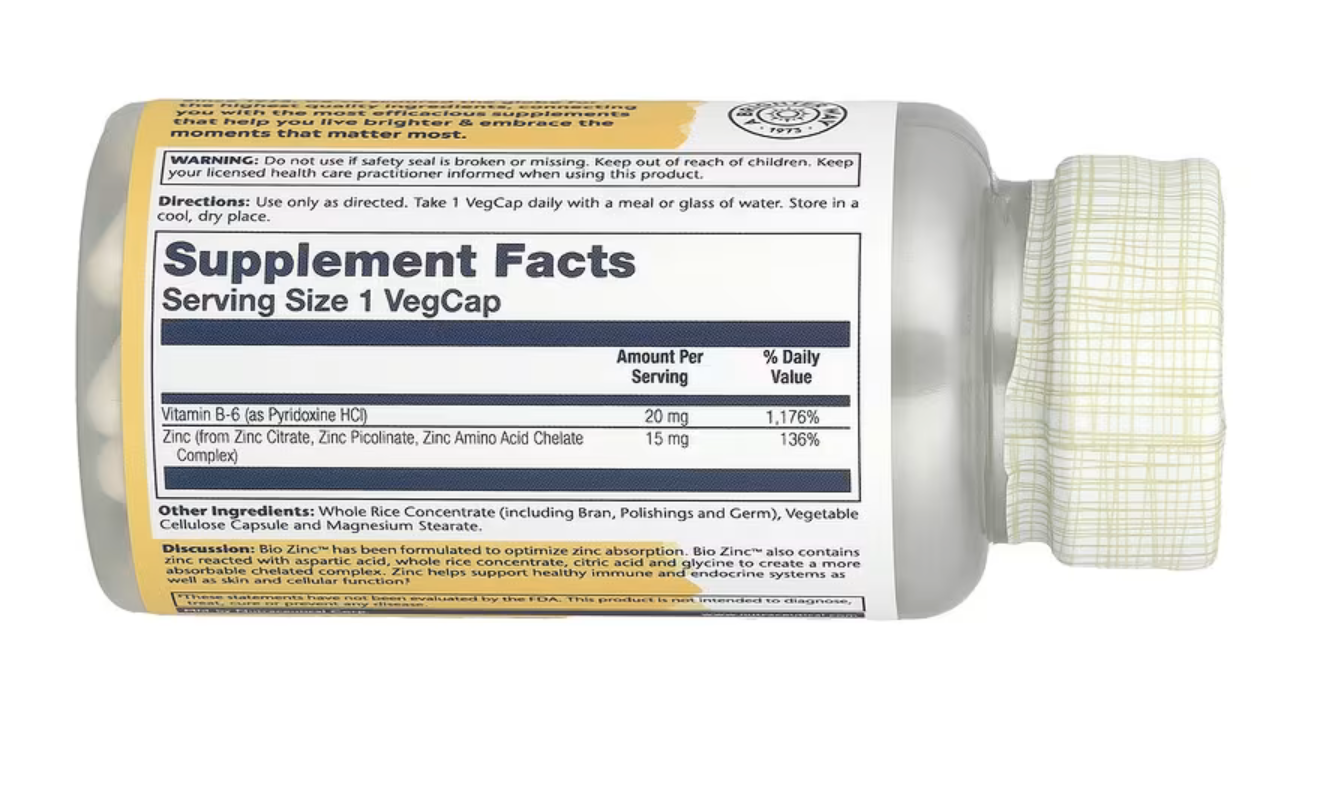 Solaray Цинк, Bio Zinc 15 мг, 100 вег.капсул