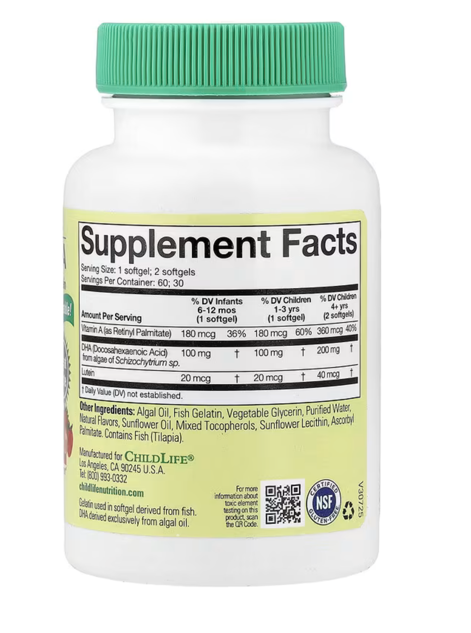 ChildLife Essentials Omega 3 с Витамином А и Лютеином, Algae DHA with Vitamin A & Lutein, 60 капсул