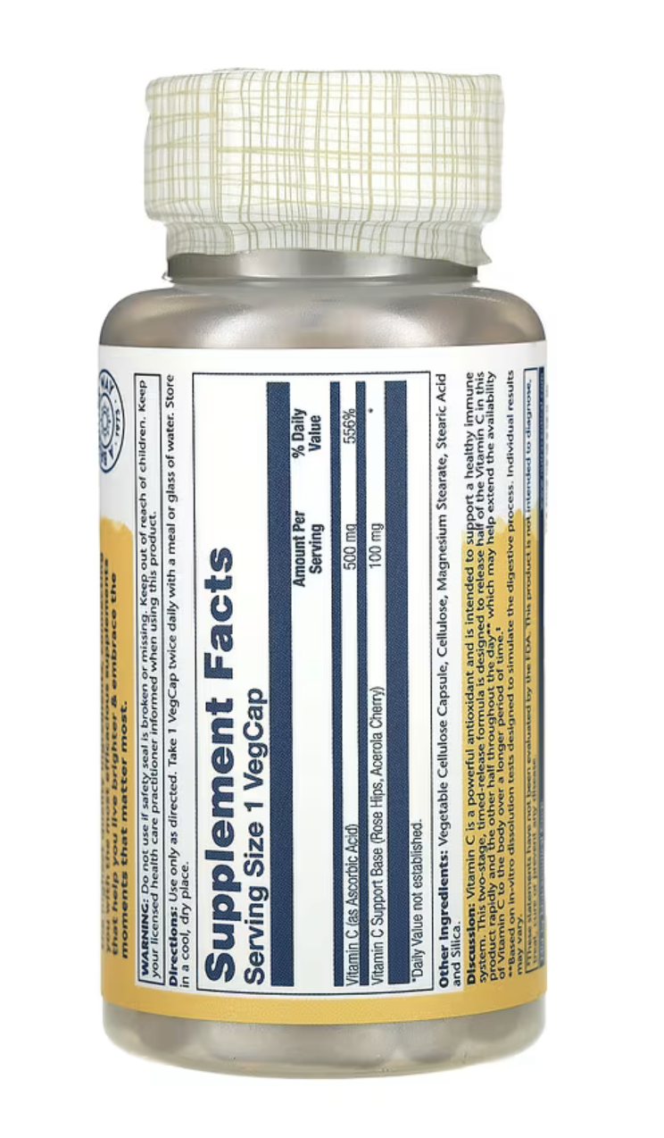 Solaray Витамин С с Таймерным Высвобождением, Timed Release Vitamin C 500 мг, 100 вег. капсул