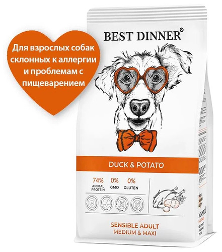 Best Dinner, Adult Medium/Maxi, Сухой корм для собак крупных и средний пород (утка), 12 кг