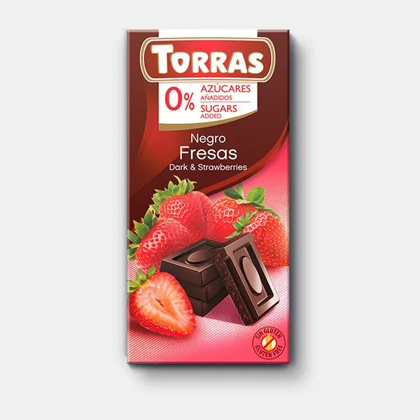Torras, Темный шоколад с кусочками клубники, Без сахара, 75 гр