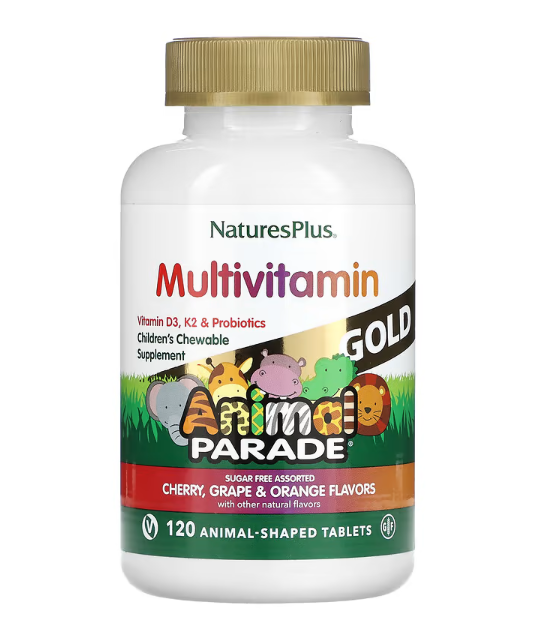 NaturesPlus, Мультивитамины для Детей с D3, K2, Probiotics, Animal Parade Gold, 120 жев/таб  