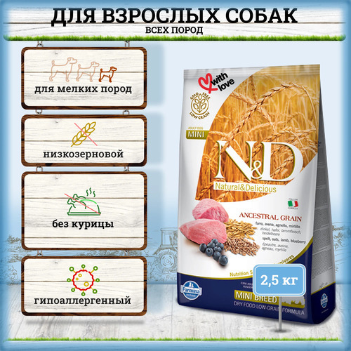 Farmina, N&D Dog, Беззерновой, Сухой корм для собак мелких пород (ягненок/спельта/черника), 2,5 кг
