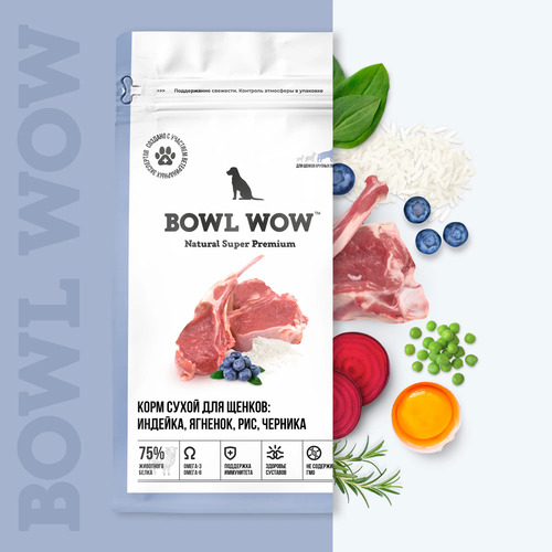 Bowl Wow, Сухой корм для щенков крупных пород (индейка/ягненок/рис/черника) 5 кг