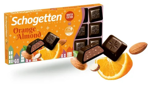 Schogetten Orange Almond, Темный шоколад со вкусом апельсина и дробленым миндалем 100 г.