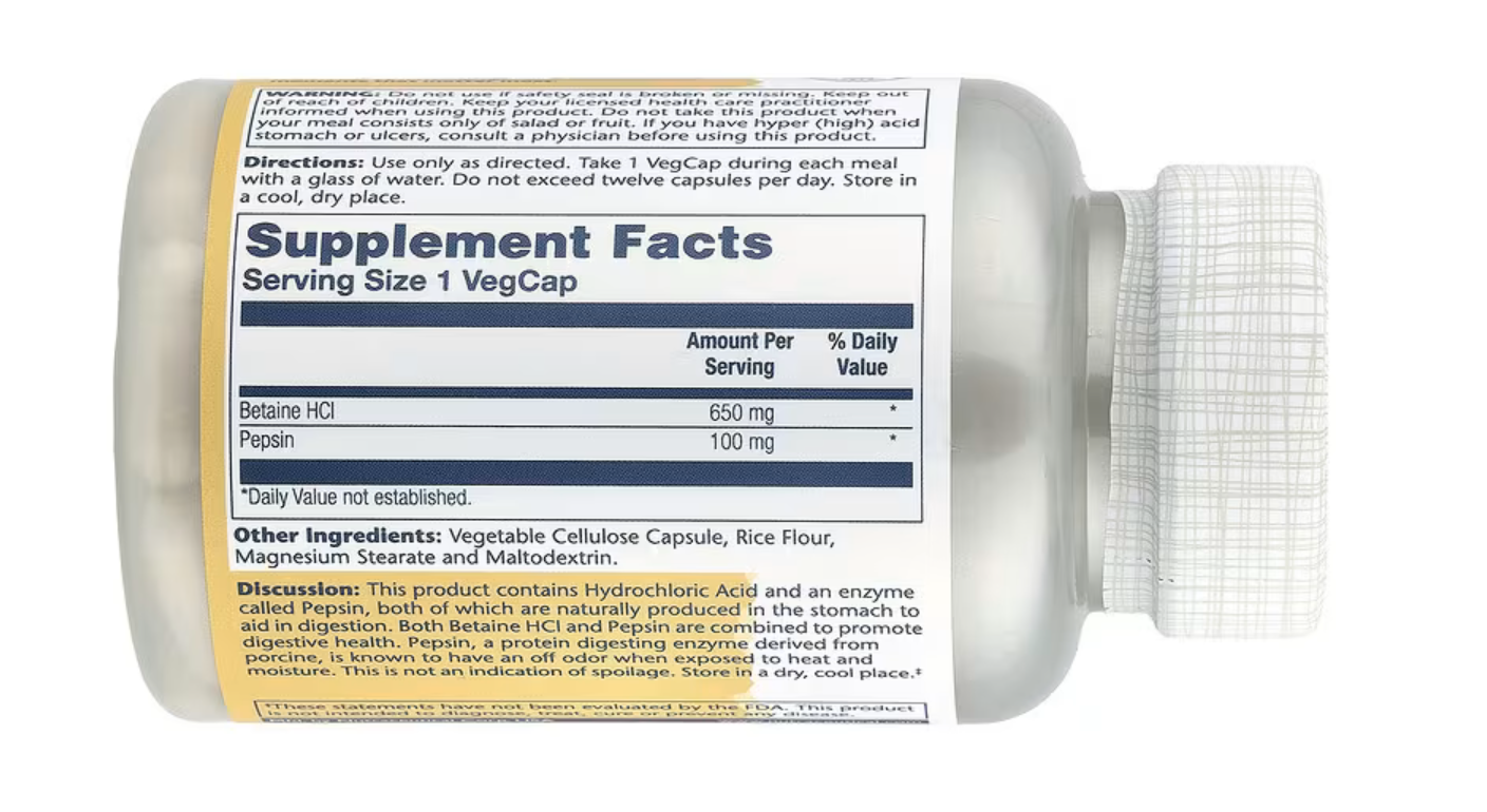 Solaray Бетаин HCl с Пепсином, Betaine HCl with Pepsin 100 вег. капсул