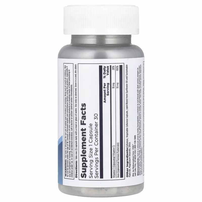 KAL, Liposomal Iron + Vitamin C, Липосомальное Железо + Витамин C, 30 растительных капсул