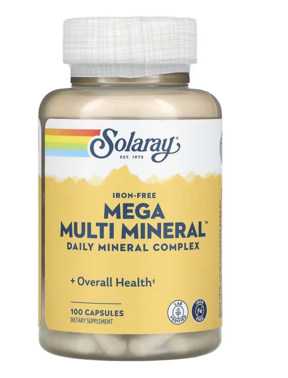 Solaray Мега Мультиминералы без Железа, Mega Multi Mineral Iron Free, 100 капсул 