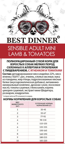 Best Dinner, Adult Sensible Mini, Сухой корм для собак мелких пород склонных к аллергии, 10 кг