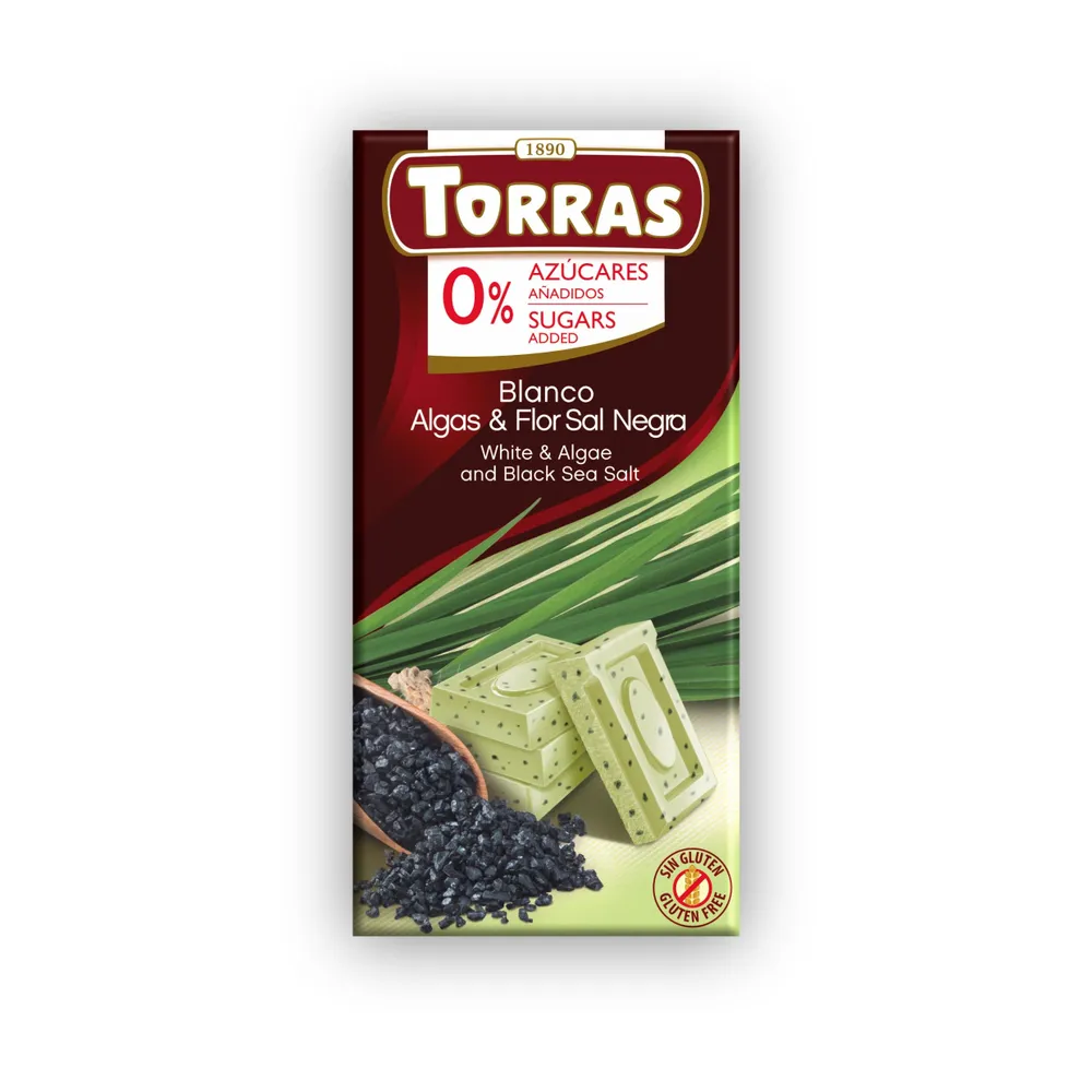 Torras, Белый шоколад с водорослями и морской черной солью, Без сахара, 75 гр