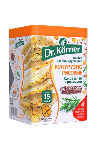 Dr.Korner Хлебцы без глютена Кукурузно-Рисовые с киноа, льном и розмарином, 100 гр