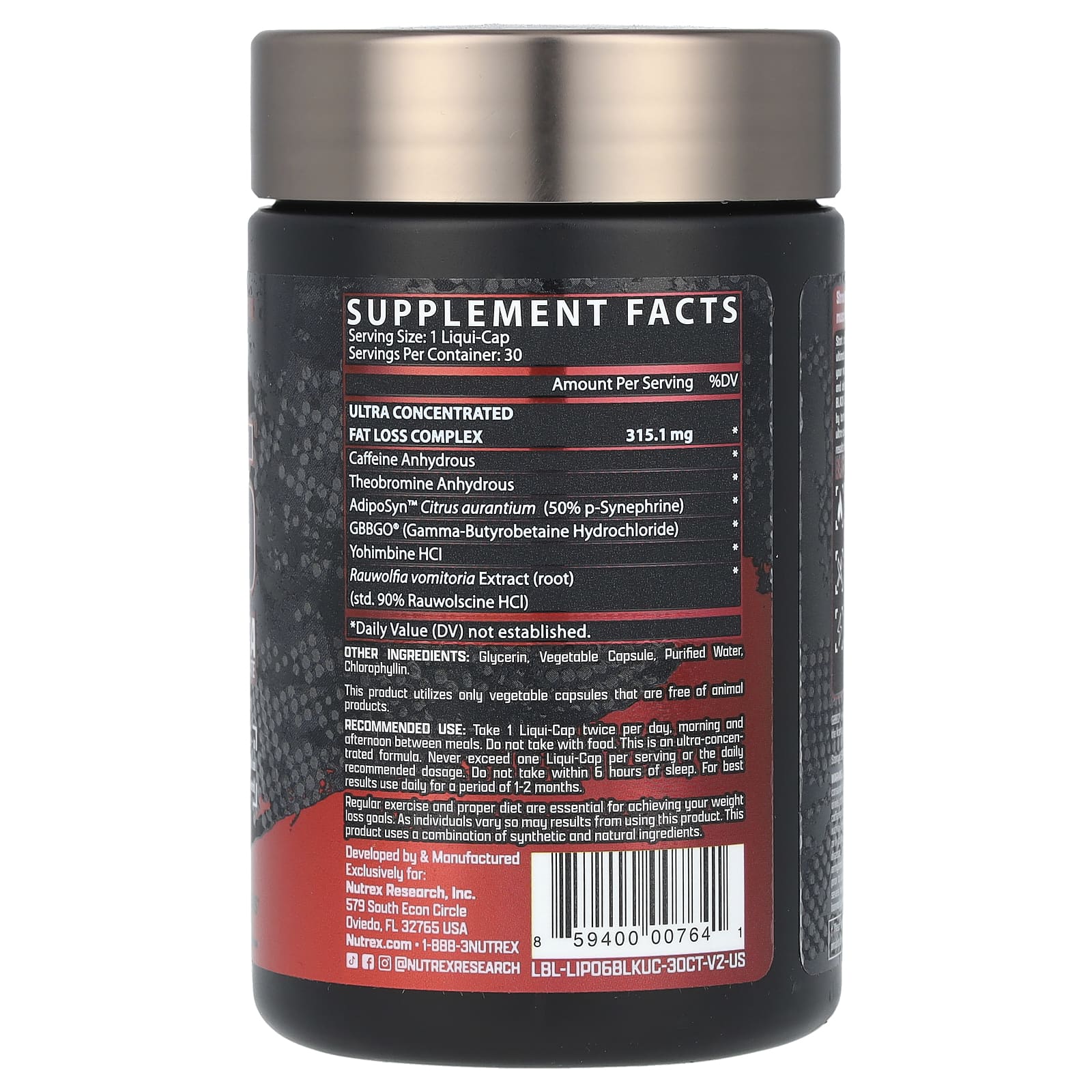 Nutrex Жиросжигатель, Lipo 6 Black Ultra Concentrate, 30 капсул	