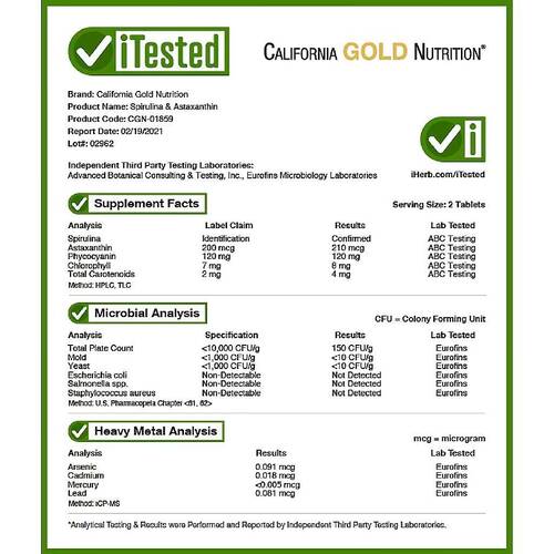 California Gold Nutrition Спирулина комплекс AstaBlue 1000 мг, 180 таблеток