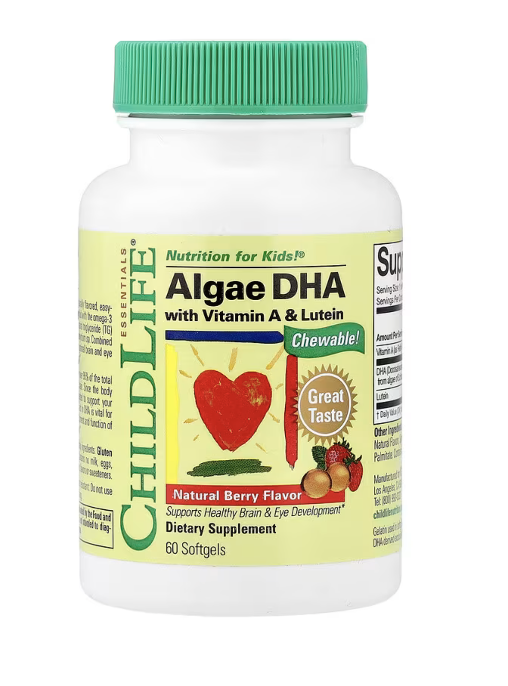 ChildLife Essentials Omega 3 с Витамином А и Лютеином, Algae DHA with Vitamin A & Lutein, 60 капсул