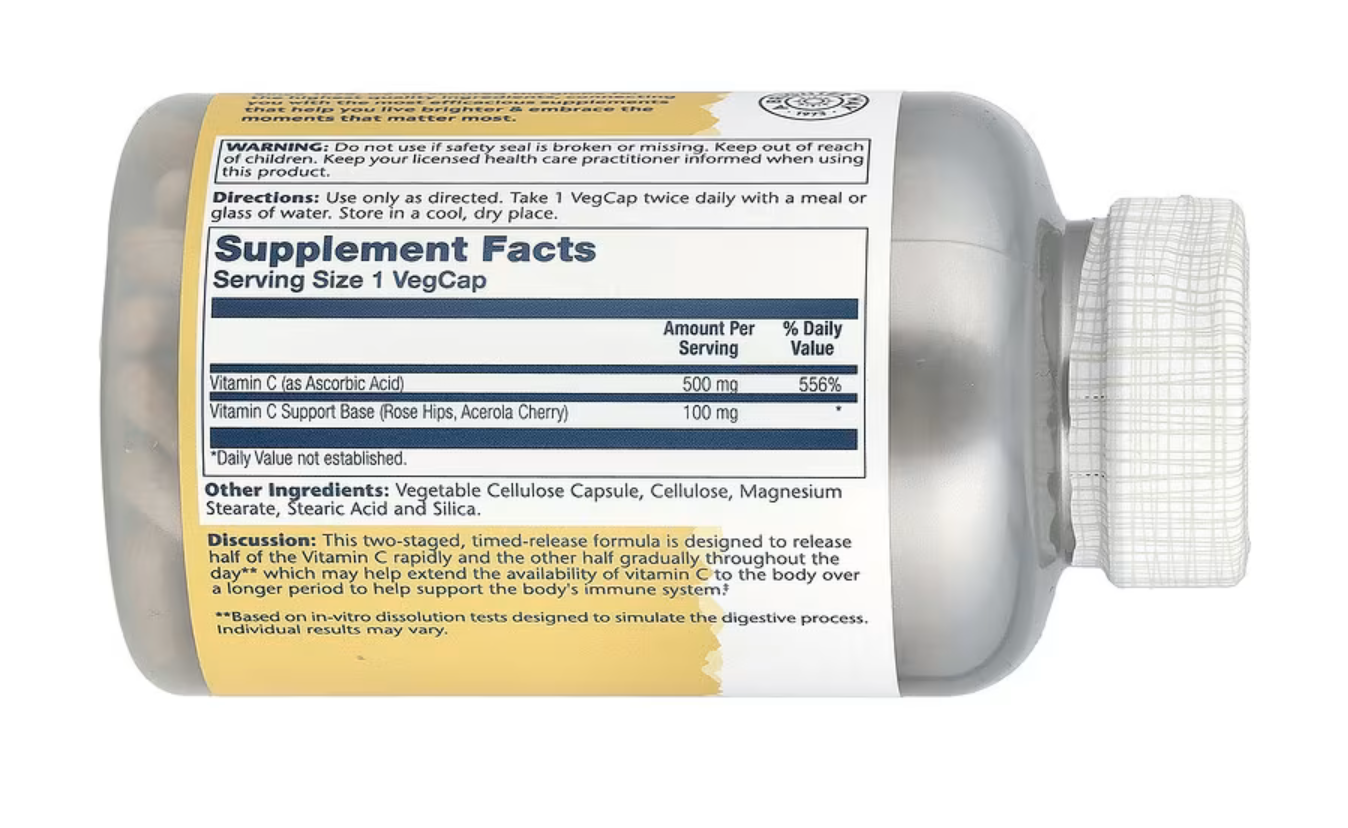 Solaray Витамин С с Таймерным Высвобождением, Timed Release Vitamin C 500 мг, 250 вег. капсул