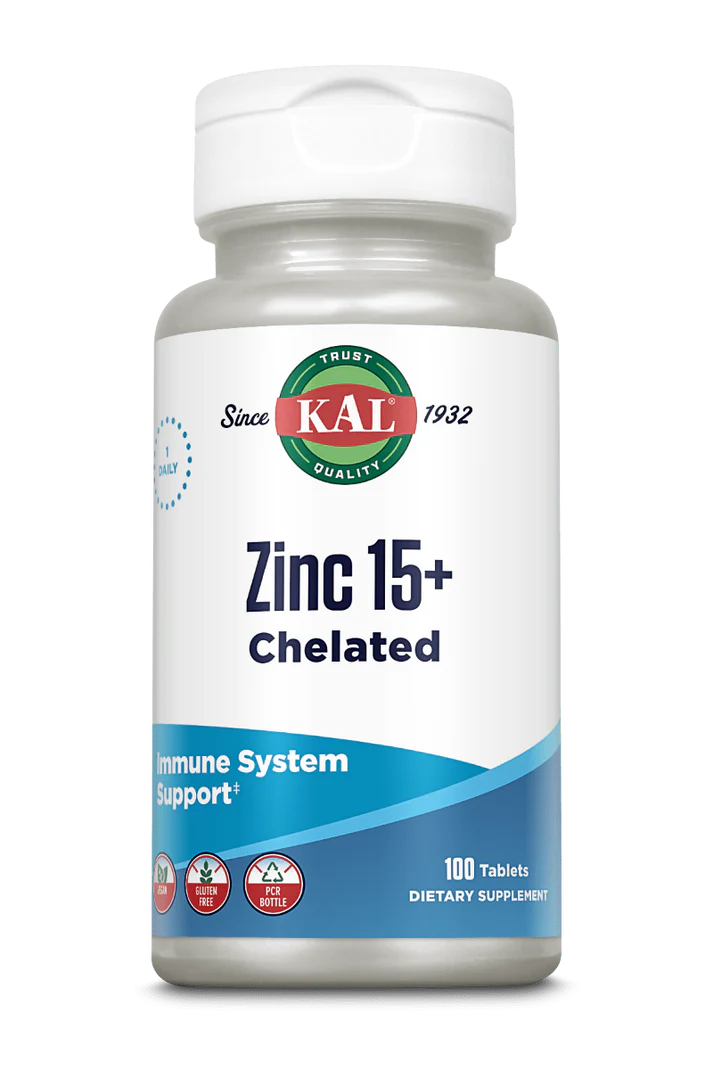 KAL, Zinc 15+ Chelated, Хелат Цинк с Гидрохлоридом Бетаина и Микроэлементами, 100 таблеток  