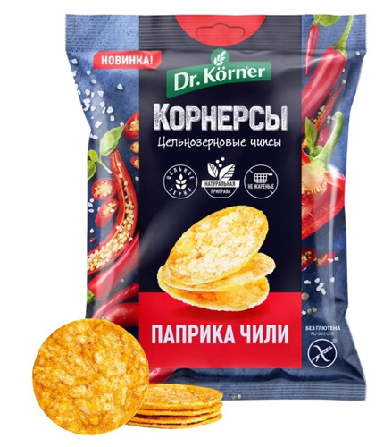 Dr.Korner Чипсы цельнозерновые кукурузно-рисовые, 50 гр, Паприка чили