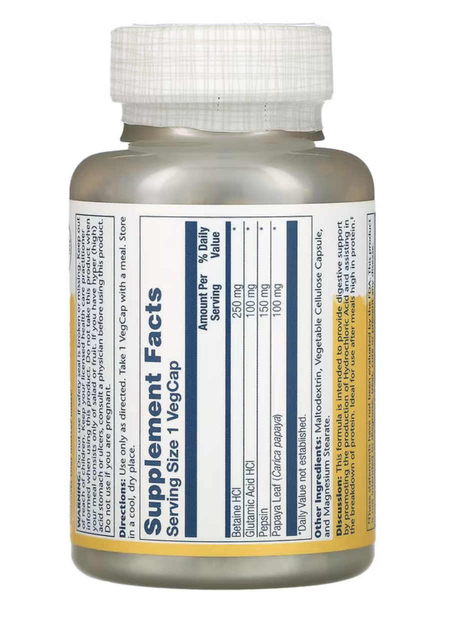Solaray Бетаин HCL с Пепсином, Betaine HCL with Pepsin, 180 вег. капсул