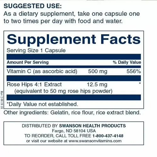Swanson Витамин C + шиповник 500 мг, 100 капсул
