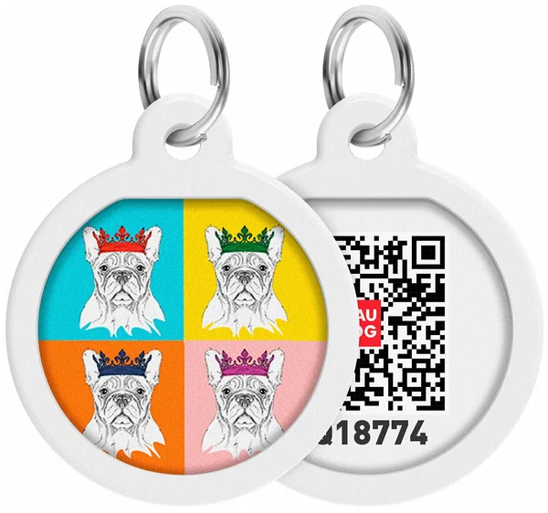 WAUDOG, Адресник Smart ID c QR-паспортом, Металл, Рисунок "Французский бульдог", Круг, 30 мм 