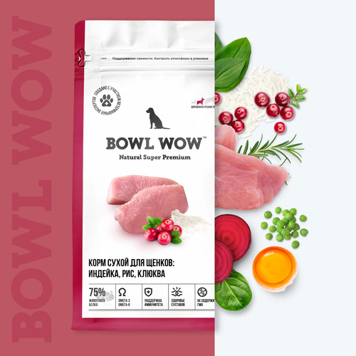 Bowl Wow, Сухой корм для щенков средних пород (индейка/рис/клюква) 5 кг 